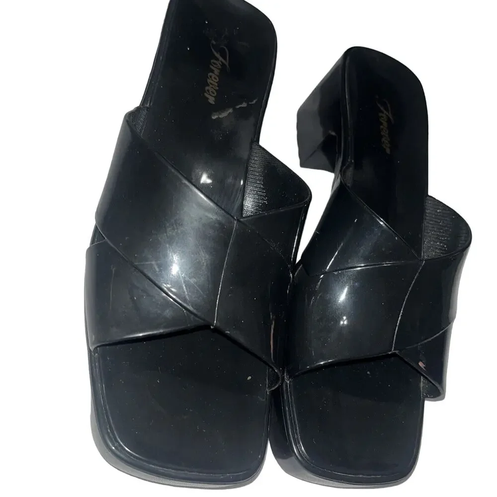 Vintage Forever 21 Sz 7 Black Jelly Chunky Slides 90s Y2K
